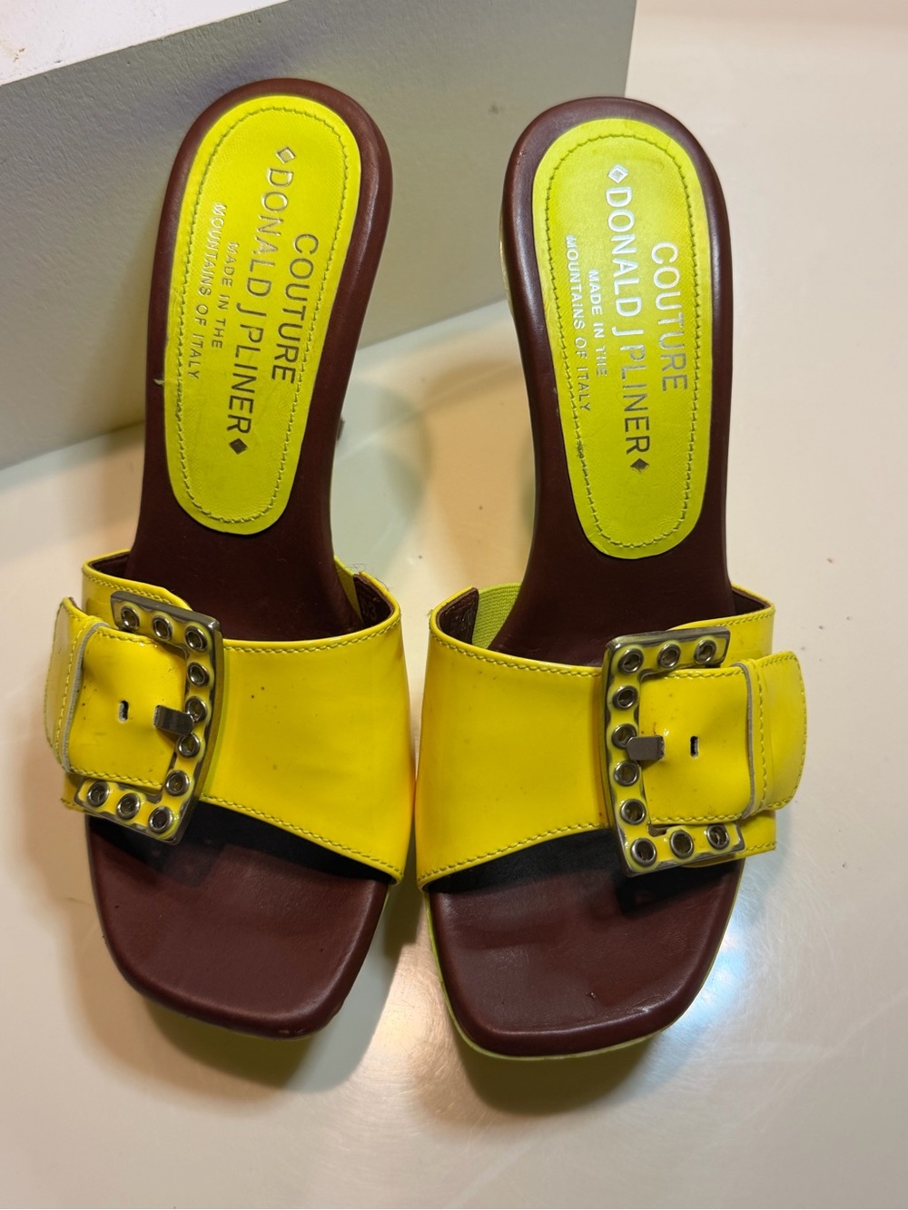 Donald J. Pliner Neon Yellow Buckle Slide Mules